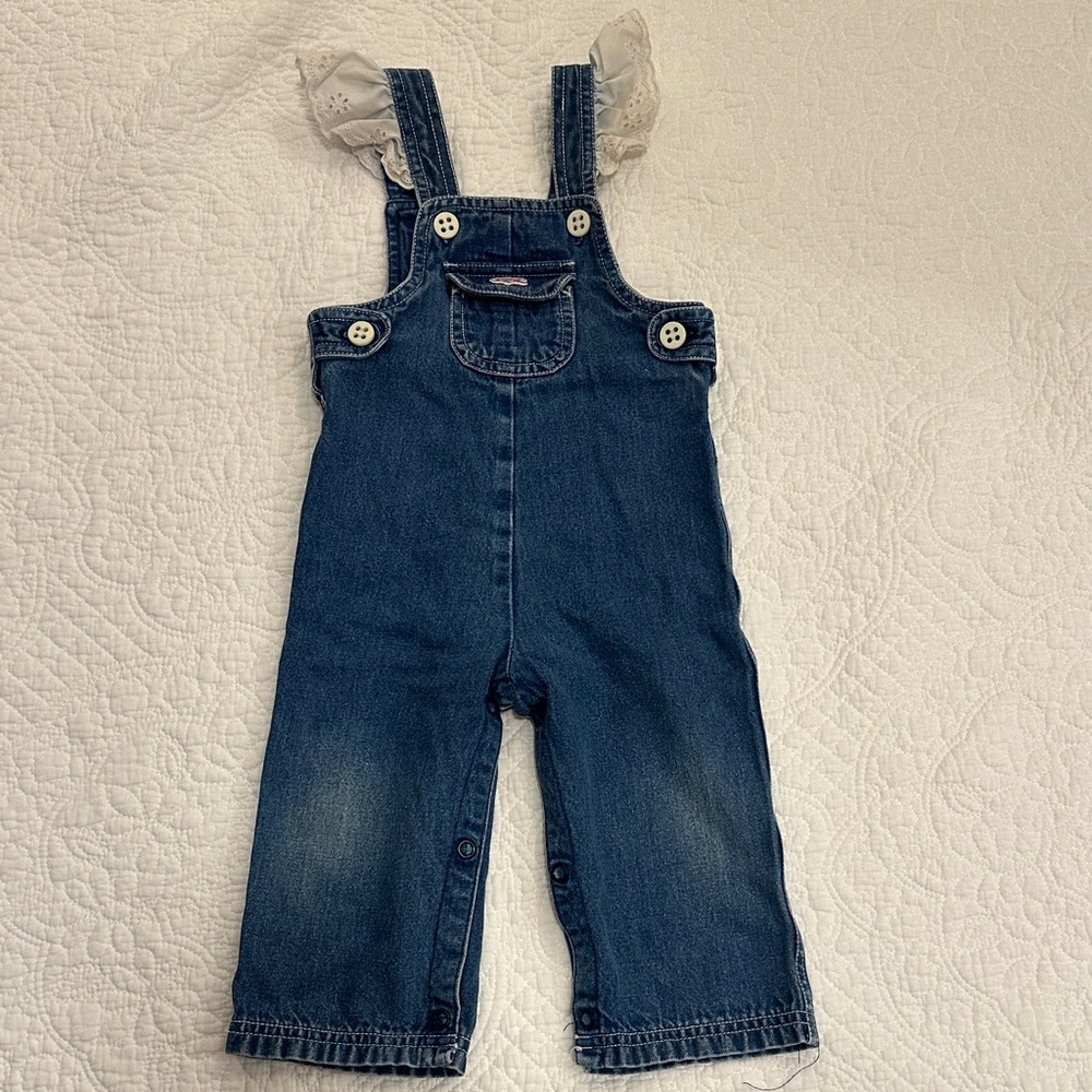 Vintage Lacoste girls ruffle eyelet Denim Overalls sz 18 months